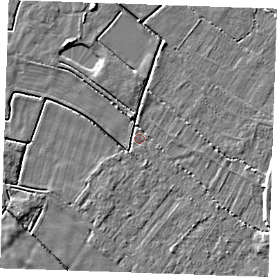 Shaded relief map of the ground around PE251EU, computed from Environment Agency LiDAR. The ground here sits at about 2 m above sea level and falls 5 m across the surrounding 800 m. Surface water reaching this point runs off ground lying to the east-south-east, 3.4 m higher.