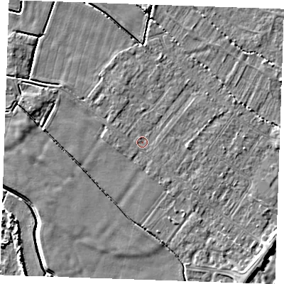 Shaded relief map of the ground around PE251EW, computed from Environment Agency LiDAR. The ground here sits at about 2 m above sea level and falls 5 m across the surrounding 800 m. Surface water reaching this point runs off ground lying to the east, 1.2 m higher.