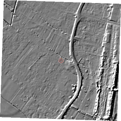 Shaded relief map of the ground around PE251EY, computed from Environment Agency LiDAR. The ground here sits at about 2 m above sea level and falls 13 m across the surrounding 800 m. Surface water reaching this point runs off ground lying to the south-east, 3.4 m higher.