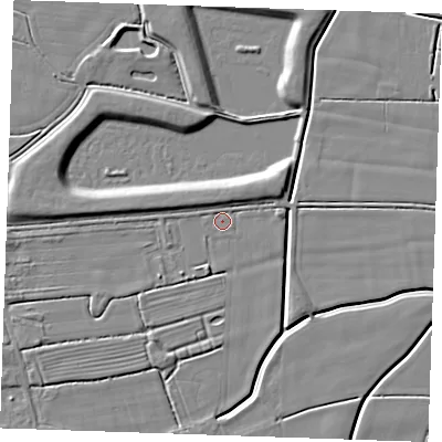 Shaded relief map of the ground around PE251FA, computed from Environment Agency LiDAR. The ground here sits at about 2 m above sea level and falls 4 m across the surrounding 800 m. Surface water reaching this point runs off ground lying to the south-east, 0.9 m higher.
