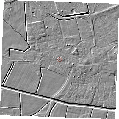 Shaded relief map of the ground around PE251FD, computed from Environment Agency LiDAR. The ground here sits at about 3 m above sea level and falls 4 m across the surrounding 800 m. Surface water reaching this point runs off ground lying to the west-south-west, 0.6 m higher.
