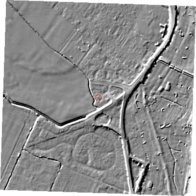 Shaded relief map of the ground around PE251FF, computed from Environment Agency LiDAR. The ground here sits at about 3 m above sea level and falls 5 m across the surrounding 800 m. Surface water reaching this point runs off ground lying to the east, 2.4 m higher.