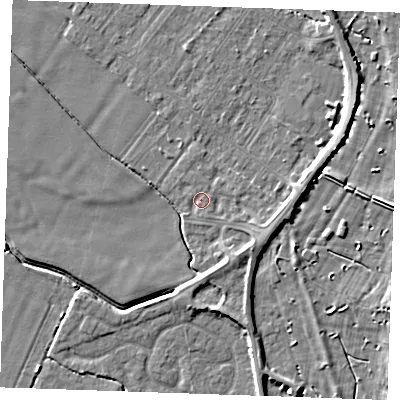 Shaded relief map of the ground around PE251FG, computed from Environment Agency LiDAR. The ground here sits at about 2 m above sea level and falls 5 m across the surrounding 800 m. Surface water reaching this point runs off ground lying to the south, 0.8 m higher.