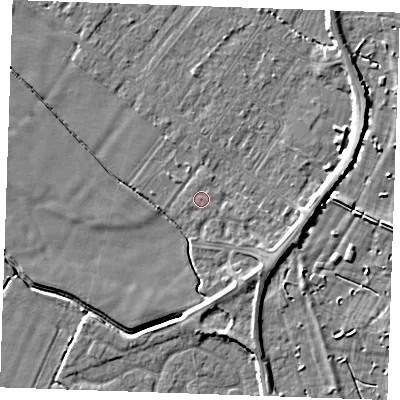 Shaded relief map of the ground around PE251FH, computed from Environment Agency LiDAR. The ground here sits at about 3 m above sea level and falls 5 m across the surrounding 800 m. The ground contributing surface water to this point lies to the north-east.