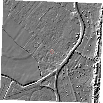 Shaded relief map of the ground around PE251FJ, computed from Environment Agency LiDAR. The ground here sits at about 3 m above sea level and falls 9 m across the surrounding 800 m. Surface water reaching this point runs off ground lying to the south-east, 2.6 m higher.