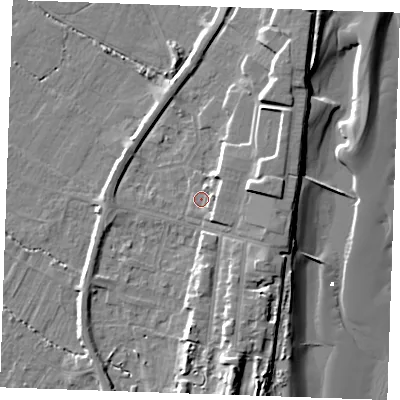 Shaded relief map of the ground around PE251FL, computed from Environment Agency LiDAR. The ground here sits at about 4 m above sea level and falls 13 m across the surrounding 800 m. Surface water reaching this point runs off ground lying to the east, 5.3 m higher.