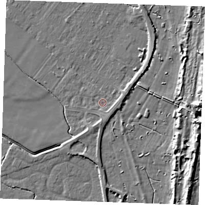 Shaded relief map of the ground around PE251FP, computed from Environment Agency LiDAR. The ground here sits at about 3 m above sea level and falls 13 m across the surrounding 800 m. Surface water reaching this point runs off ground lying to the east-south-east, 1.9 m higher.