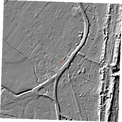 Shaded relief map of the ground around PE251FQ, computed from Environment Agency LiDAR. The ground here sits at about 3 m above sea level and falls 13 m across the surrounding 800 m. Surface water reaching this point runs off ground lying to the south-south-east, 2.5 m higher.