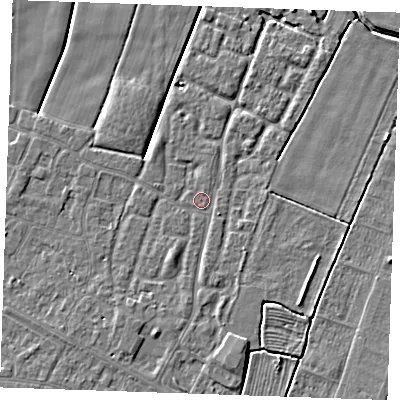Shaded relief map of the ground around PE251FR, computed from Environment Agency LiDAR. The ground here sits at about 2 m above sea level and falls 4 m across the surrounding 800 m. Surface water reaching this point runs off ground lying to the south-south-west, 1.6 m higher.