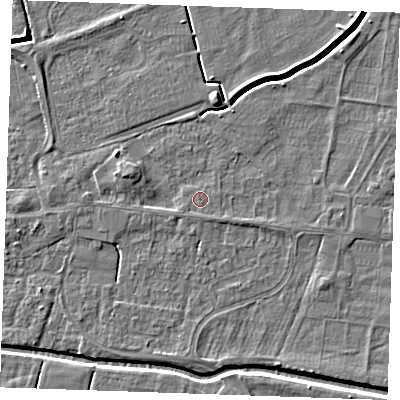 Shaded relief map of the ground around PE251FS, computed from Environment Agency LiDAR. The ground here sits at about 2 m above sea level and falls 4 m across the surrounding 800 m. Surface water reaching this point runs off ground lying to the south-south-east, 0.5 m higher.