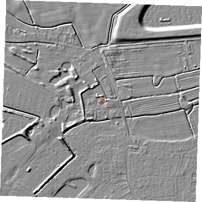 Shaded relief map of the ground around PE251FT, computed from Environment Agency LiDAR. The ground here sits at about 3 m above sea level and falls 5 m across the surrounding 800 m. Surface water reaching this point runs off ground lying to the north, 2.3 m higher.