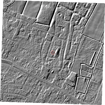 Shaded relief map of the ground around PE251GA, computed from Environment Agency LiDAR. The ground here sits at about 2 m above sea level and falls 3 m across the surrounding 800 m. Surface water reaching this point runs off ground lying to the south-south-west, 1.1 m higher.