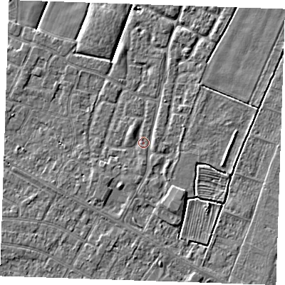 Shaded relief map of the ground around PE251GD, computed from Environment Agency LiDAR. The ground here sits at about 2 m above sea level and falls 3 m across the surrounding 800 m. Surface water reaching this point runs off ground lying to the north-west, 1.1 m higher.