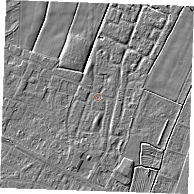 Shaded relief map of the ground around PE251GE, computed from Environment Agency LiDAR. The ground here sits at about 2 m above sea level and falls 3 m across the surrounding 800 m. Surface water reaching this point runs off ground lying to the south, 1.6 m higher.