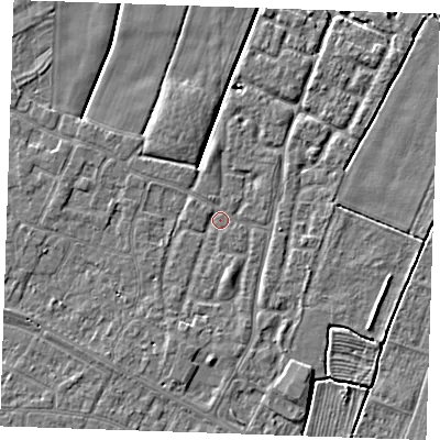 Shaded relief map of the ground around PE251GF, computed from Environment Agency LiDAR. The ground here sits at about 2 m above sea level and falls 3 m across the surrounding 800 m. Surface water reaching this point runs off ground lying to the south-south-west, 1.2 m higher.
