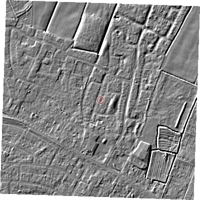 Shaded relief map of the ground around PE251GH, computed from Environment Agency LiDAR. The ground here sits at about 2 m above sea level and falls 3 m across the surrounding 800 m. Surface water reaching this point runs off ground lying to the south-south-west, 1.1 m higher.