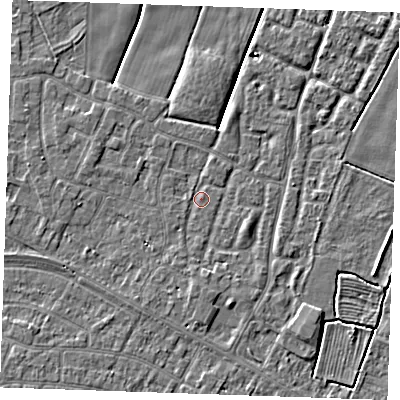 Shaded relief map of the ground around PE251GJ, computed from Environment Agency LiDAR. The ground here sits at about 2 m above sea level and falls 3 m across the surrounding 800 m. Surface water reaching this point runs off ground lying to the south, 1.1 m higher.