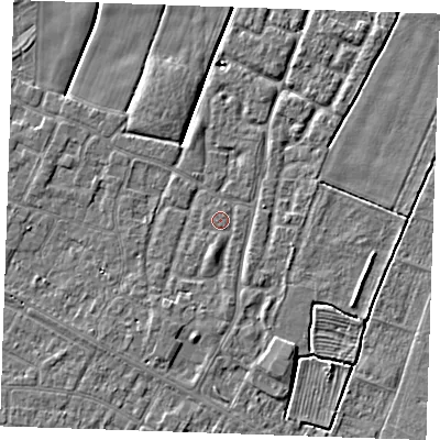 Shaded relief map of the ground around PE251GL, computed from Environment Agency LiDAR. The ground here sits at about 2 m above sea level and falls 3 m across the surrounding 800 m. Surface water reaching this point runs off ground lying to the south-south-west, 1.1 m higher.