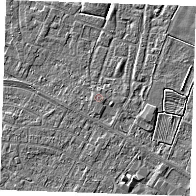 Shaded relief map of the ground around PE251GN, computed from Environment Agency LiDAR. The ground here sits at about 3 m above sea level and falls 3 m across the surrounding 800 m. The ground contributing surface water to this point lies to the west-north-west.