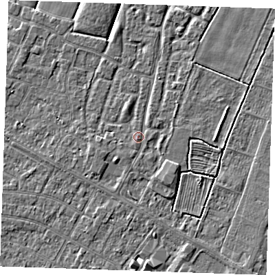 Shaded relief map of the ground around PE251GP, computed from Environment Agency LiDAR. The ground here sits at about 2 m above sea level and falls 3 m across the surrounding 800 m. Surface water reaching this point runs off ground lying to the south-south-west, 0.7 m higher.