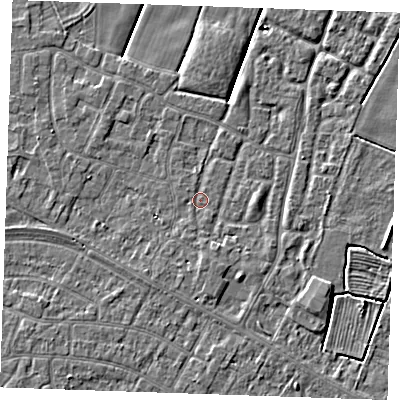 Shaded relief map of the ground around PE251GQ, computed from Environment Agency LiDAR. The ground here sits at about 2 m above sea level and falls 3 m across the surrounding 800 m. Surface water reaching this point runs off ground lying to the south, 1.1 m higher.