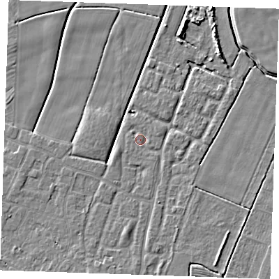 Shaded relief map of the ground around PE251GR, computed from Environment Agency LiDAR. The ground here sits at about 2 m above sea level and falls 5 m across the surrounding 800 m. Surface water reaching this point runs off ground lying to the south, 1.6 m higher.