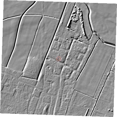 Shaded relief map of the ground around PE251GS, computed from Environment Agency LiDAR. The ground here sits at about 2 m above sea level and falls 5 m across the surrounding 800 m. Surface water reaching this point runs off ground lying to the north-north-east, 2.2 m higher.