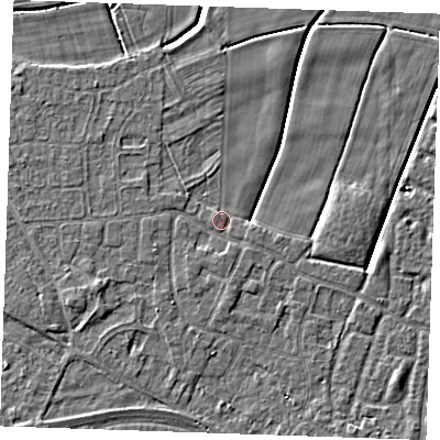Shaded relief map of the ground around PE251GT, computed from Environment Agency LiDAR. The ground here sits at about 2 m above sea level and falls 3 m across the surrounding 800 m. Surface water reaching this point runs off ground lying to the west-south-west, 1.5 m higher.