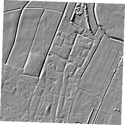 Shaded relief map of the ground around PE251GU, computed from Environment Agency LiDAR. The ground here sits at about 2 m above sea level and falls 5 m across the surrounding 800 m. Surface water reaching this point runs off ground lying to the south-south-west, 2.1 m higher.
