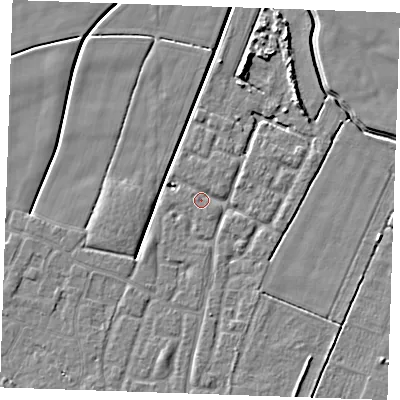 Shaded relief map of the ground around PE251GW, computed from Environment Agency LiDAR. The ground here sits at about 2 m above sea level and falls 5 m across the surrounding 800 m. Surface water reaching this point runs off ground lying to the north-north-east, 2.2 m higher.