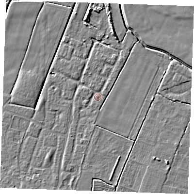 Shaded relief map of the ground around PE251GX, computed from Environment Agency LiDAR. The ground here sits at about 2 m above sea level and falls 5 m across the surrounding 800 m. Surface water reaching this point runs off ground lying to the south-south-west, 1.9 m higher.