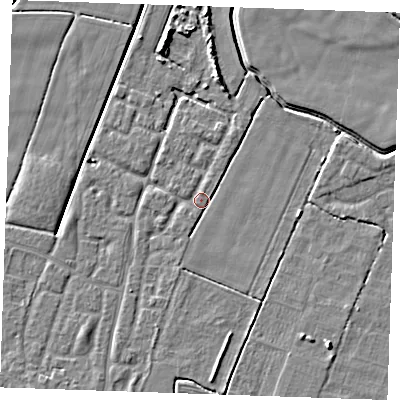 Shaded relief map of the ground around PE251GY, computed from Environment Agency LiDAR. The ground here sits at about 2 m above sea level and falls 5 m across the surrounding 800 m. Surface water reaching this point runs off ground lying to the north-north-east, 1.7 m higher.