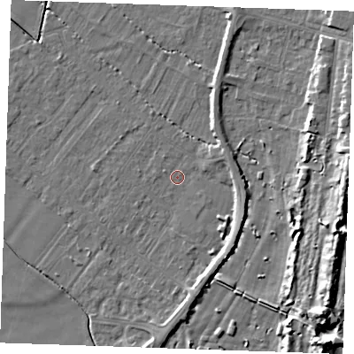 Shaded relief map of the ground around PE251HA, computed from Environment Agency LiDAR. The ground here sits at about 2 m above sea level and falls 13 m across the surrounding 800 m. Surface water reaching this point runs off ground lying to the east-south-east, 3.4 m higher.