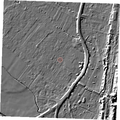 Shaded relief map of the ground around PE251HB, computed from Environment Agency LiDAR. The ground here sits at about 2 m above sea level and falls 13 m across the surrounding 800 m. Surface water reaching this point runs off ground lying to the east, 3.2 m higher.