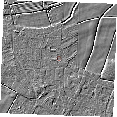 Shaded relief map of the ground around PE251HD, computed from Environment Agency LiDAR. The ground here sits at about 2 m above sea level and falls 3 m across the surrounding 800 m. Surface water reaching this point runs off ground lying to the north-north-west, 0.8 m higher.