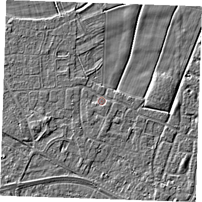 Shaded relief map of the ground around PE251HE, computed from Environment Agency LiDAR. The ground here sits at about 2 m above sea level and falls 3 m across the surrounding 800 m. Surface water reaching this point runs off ground lying to the west-south-west, 1.4 m higher.