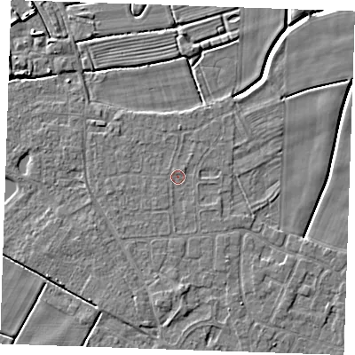 Shaded relief map of the ground around PE251HF, computed from Environment Agency LiDAR. The ground here sits at about 2 m above sea level and falls 4 m across the surrounding 800 m. Surface water reaching this point runs off ground lying to the north, 0.6 m higher.