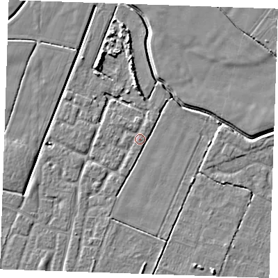 Shaded relief map of the ground around PE251HG, computed from Environment Agency LiDAR. The ground here sits at about 2 m above sea level and falls 5 m across the surrounding 800 m. Surface water reaching this point runs off ground lying to the east-south-east, 1.3 m higher.
