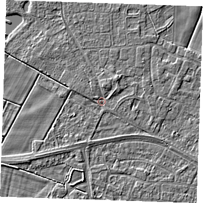 Shaded relief map of the ground around PE251HH, computed from Environment Agency LiDAR. The ground here sits at about 2 m above sea level and falls 3 m across the surrounding 800 m. Surface water reaching this point runs off ground lying to the north-north-east, 1.4 m higher.