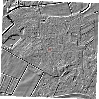 Shaded relief map of the ground around PE251HJ, computed from Environment Agency LiDAR. The ground here sits at about 2 m above sea level and falls 6 m across the surrounding 800 m. Surface water reaching this point runs off ground lying to the south-east, 1.2 m higher.