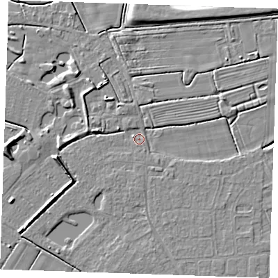 Shaded relief map of the ground around PE251HL, computed from Environment Agency LiDAR. The ground here sits at about 2 m above sea level and falls 6 m across the surrounding 800 m. Surface water reaching this point runs off ground lying to the west-south-west, 4.8 m higher.