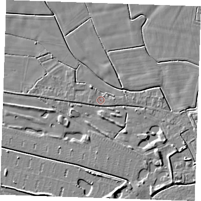 Shaded relief map of the ground around PE251HN, computed from Environment Agency LiDAR. The ground here sits at about 2 m above sea level and falls 5 m across the surrounding 800 m. Surface water reaching this point runs off ground lying to the south-east, 3.5 m higher.
