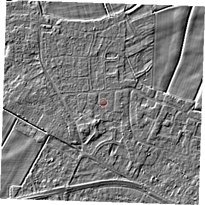 Shaded relief map of the ground around PE251HP, computed from Environment Agency LiDAR. The ground here sits at about 2 m above sea level and falls 3 m across the surrounding 800 m. Surface water reaching this point runs off ground lying to the south-south-west, 1.1 m higher.