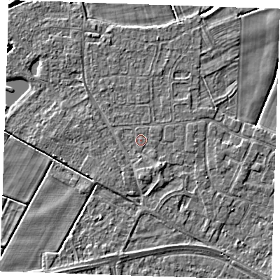 Shaded relief map of the ground around PE251HQ, computed from Environment Agency LiDAR. The ground here sits at about 2 m above sea level and falls 5 m across the surrounding 800 m. Surface water reaching this point runs off ground lying to the south-east, 1.2 m higher.