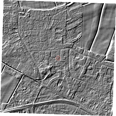 Shaded relief map of the ground around PE251HR, computed from Environment Agency LiDAR. The ground here sits at about 2 m above sea level and falls 3 m across the surrounding 800 m. Surface water reaching this point runs off ground lying to the south-west, 1.1 m higher.