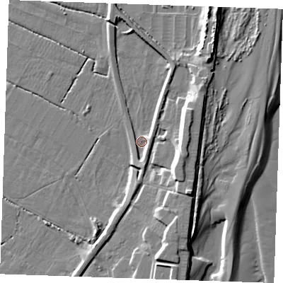 Shaded relief map of the ground around PE251HT, computed from Environment Agency LiDAR. The ground here sits at about 2 m above sea level and falls 11 m across the surrounding 800 m. Surface water reaching this point runs off ground lying to the south, 3.2 m higher.