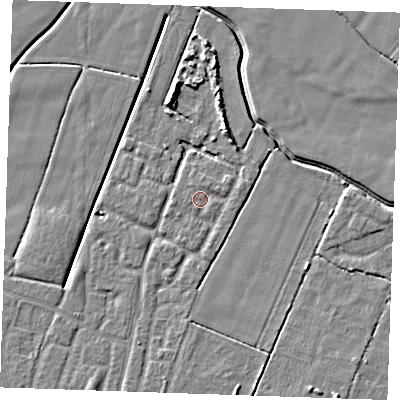 Shaded relief map of the ground around PE251HX, computed from Environment Agency LiDAR. The ground here sits at about 2 m above sea level and falls 5 m across the surrounding 800 m. Surface water reaching this point runs off ground lying to the east-north-east, 1.0 m higher.