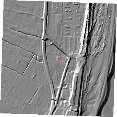 Shaded relief map of the ground around PE251HZ, computed from Environment Agency LiDAR. The ground here sits at about 2 m above sea level and falls 12 m across the surrounding 800 m. Surface water reaching this point runs off ground lying to the south, 3.3 m higher.
