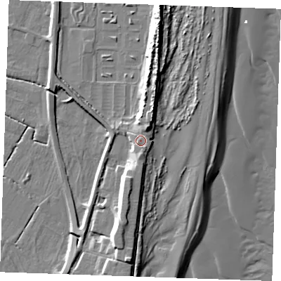 Shaded relief map of the ground around PE251JB, computed from Environment Agency LiDAR. The ground here sits at about 7 m above sea level and falls 14 m across the surrounding 800 m. Surface water reaching this point runs off ground lying to the north-north-east, 2.8 m higher.