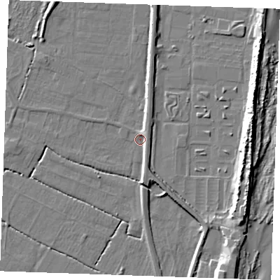 Shaded relief map of the ground around PE251JE, computed from Environment Agency LiDAR. The ground here sits at about 2 m above sea level and falls 11 m across the surrounding 800 m. Surface water reaching this point runs off ground lying to the north, 1.1 m higher.